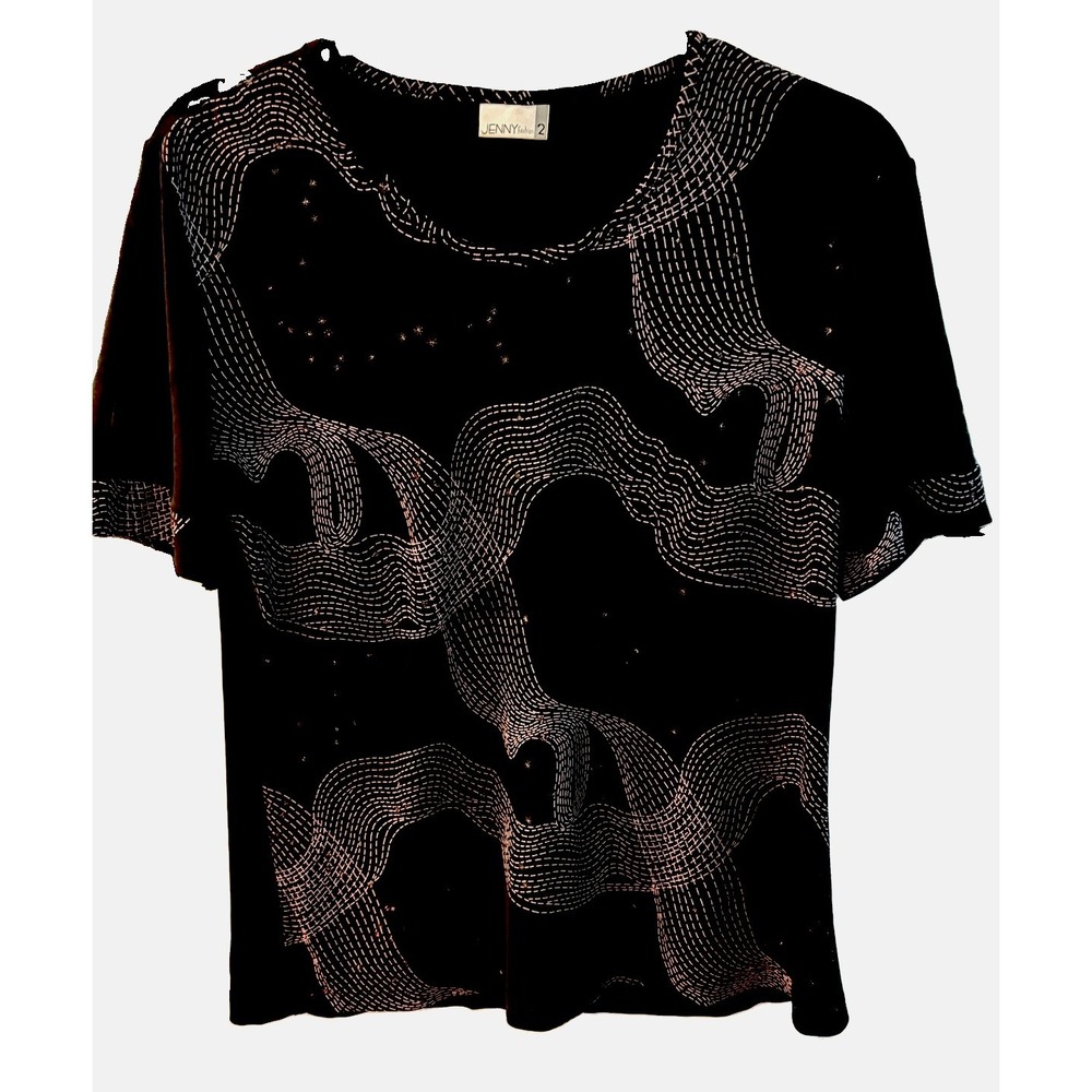 Black Top Pink Dashed Wave Star Graphic Short Sleeve Tee 2 EU MED US Celestial